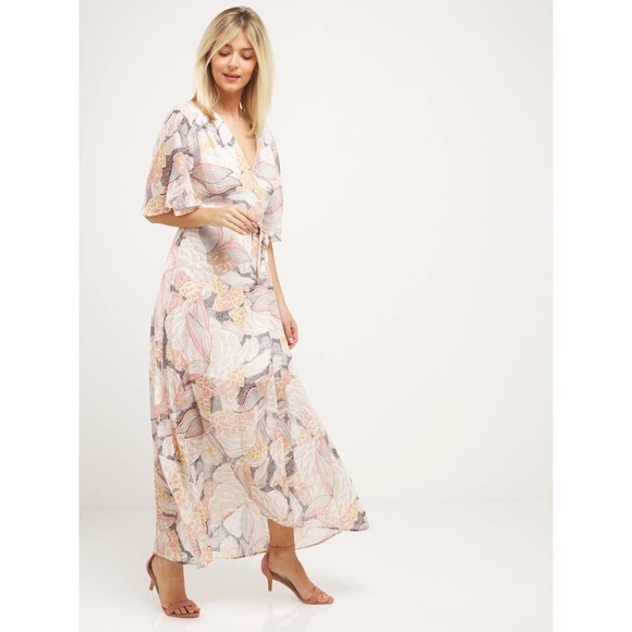 Molly Bracken Dresses & Skirts - Molly Bracken Maxi Dress Medium Pink Lotus Floral Print Wrap Short Sleeve NWT